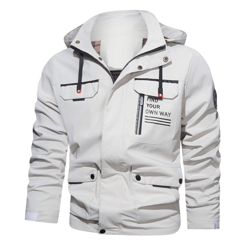 Men's utility-style hooded jacket with chest zip, multiple pockets, and statement print Mune Fashion