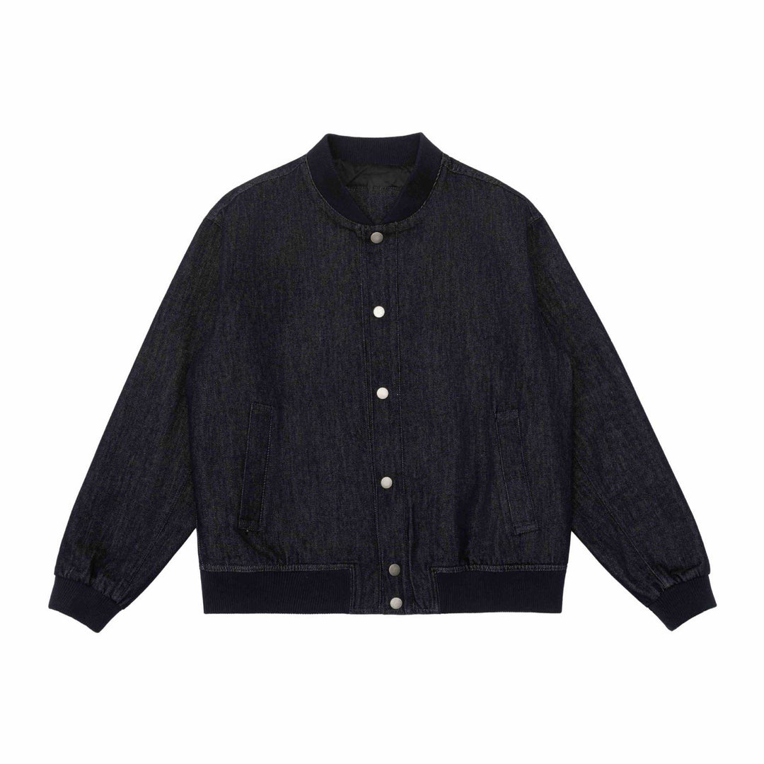 Unisex Boxy Jeans Bomber Jacket with Ribbed Collar, Snap Button Placket and Patch Pockets Mune Fashion
