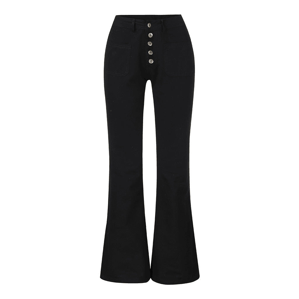 Women nan High-Waist Flared Trousers with visible button placket and applied front pockets Mune Fashion