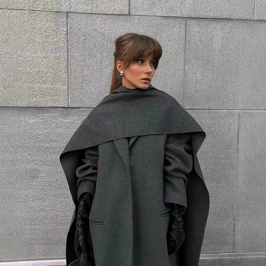 Women’s Maxi Length Wool Mix Coat with Integrated Loop Scarf and Clean Lapel Mune Fashion