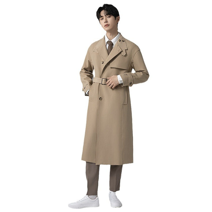Men's Long Modern Trench Coat made of lightweight twill with concealed button placket and waist belt Mune Fashion