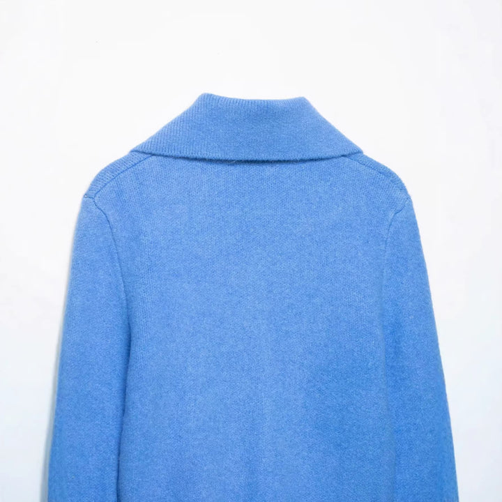 Women's Short Cardigan with Zipper, Wide Polo Collar and Ribbed Hem Mune Fashion