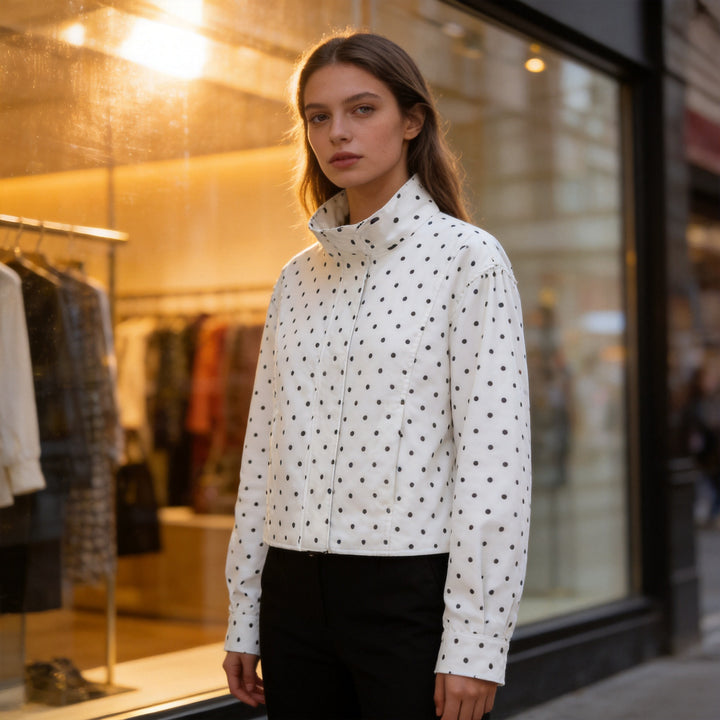 Women's short dotted jacket in blouson style with stand-up collar and balloon sleeves Mune Fashion