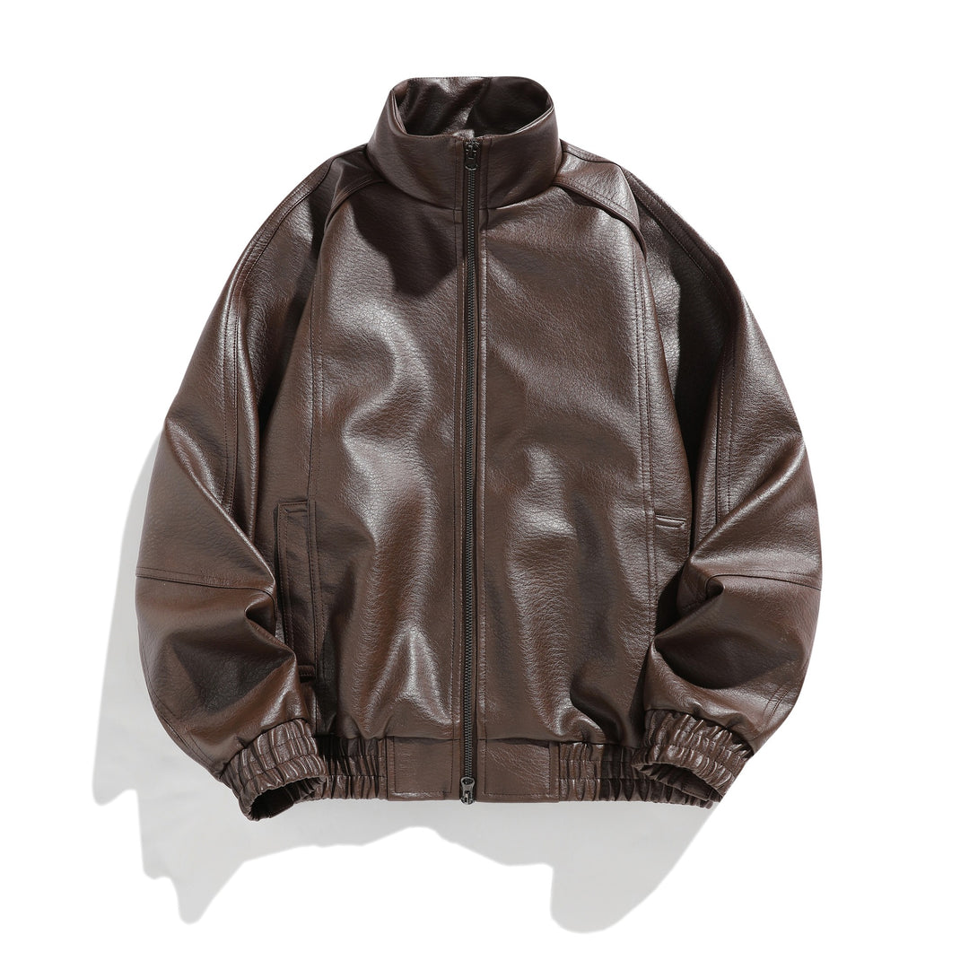 Men's urban faux leather bomber jacket with high stand-up collar and tailored ribbed waistband Mune Fashion