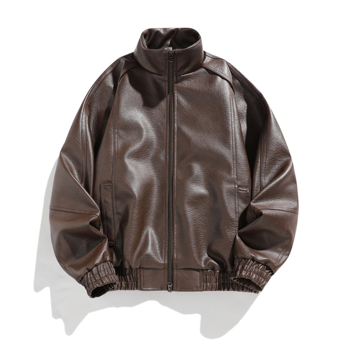 Men's urban faux leather bomber jacket with high stand-up collar and tailored ribbed waistband Mune Fashion
