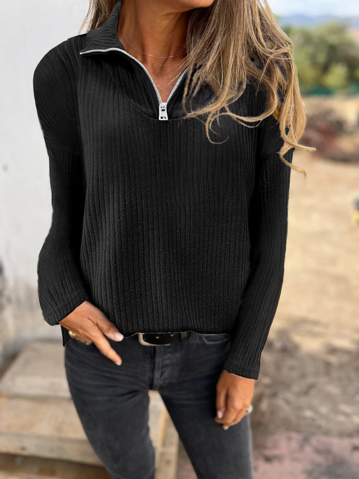 Women Ribbed Knit Sweater with Half Zip and Stand-Up Collar Mune Fashion