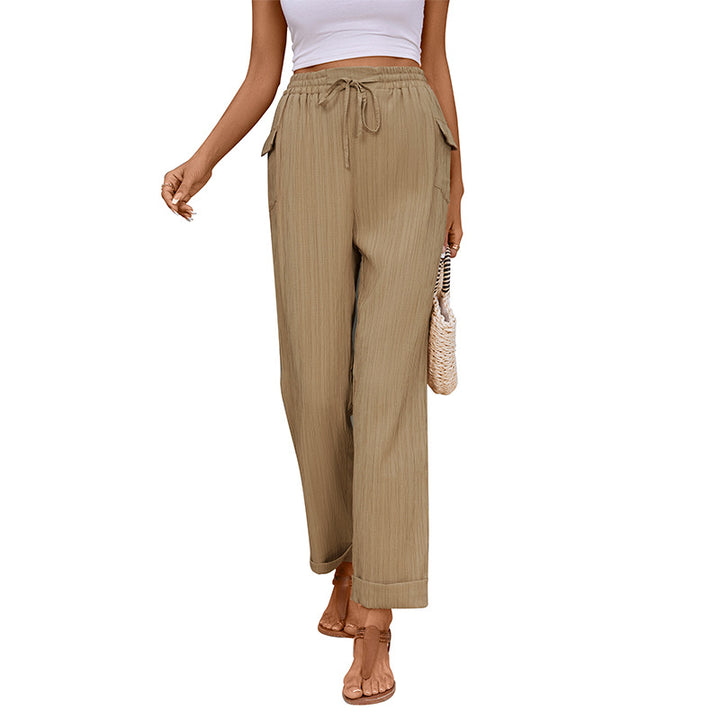 Women's Lightweight Linen Look Pants with Elastic Waistband, Drawstring and Straight Leg Mune Fashion