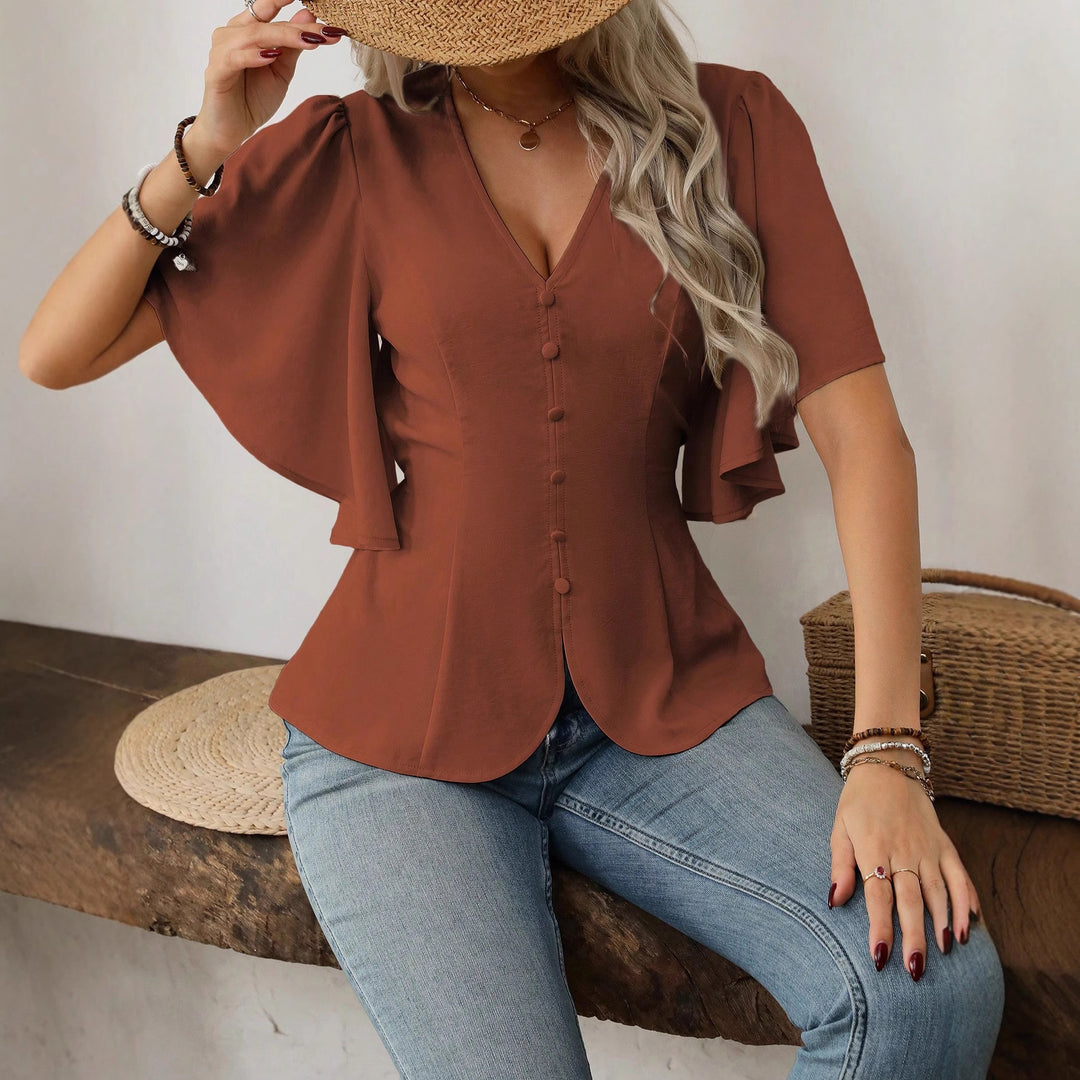 Ladies V-neck tailored blouse with peplum and flounce sleeves Mune Fashion