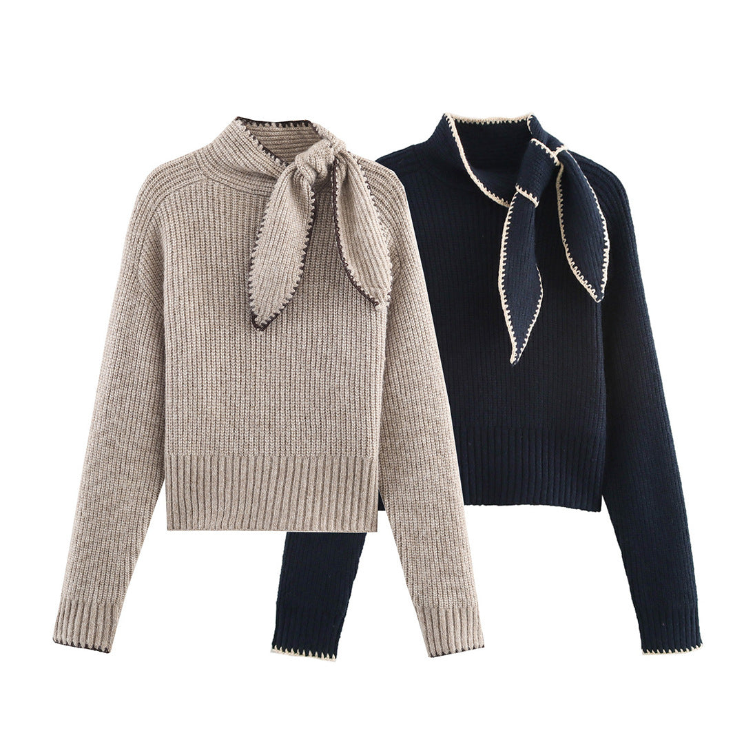 Women's Short-Cut Ribbed Knit Sweater with High Collar and Integrated Knot Scarf Mune Fashion
