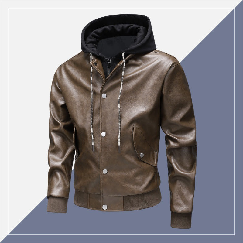 Men's leather bomber jacket with integrated hood insert and ribbed cuffs Mune Fashion