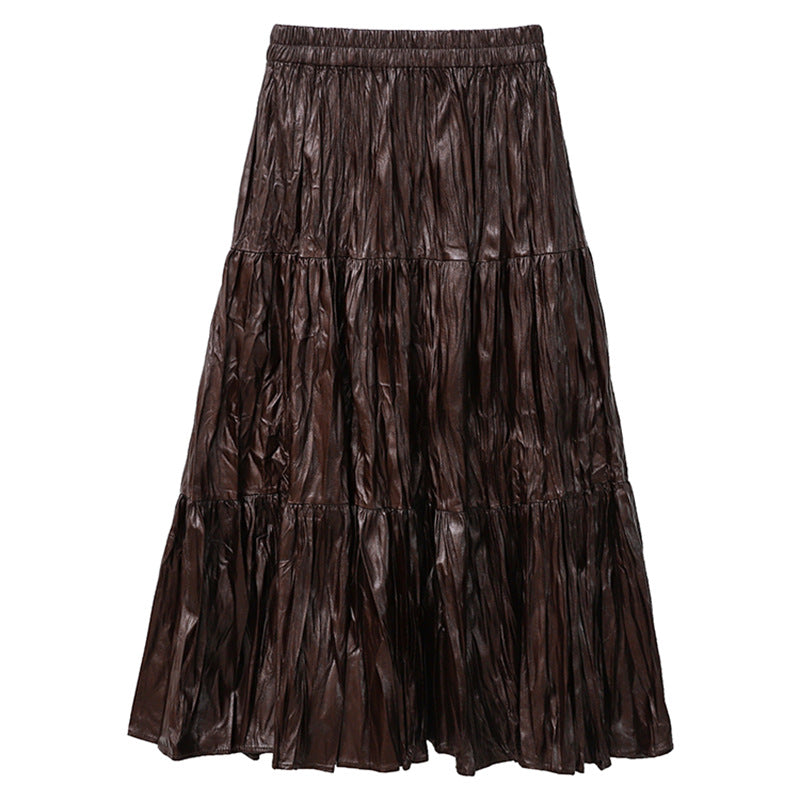 Women's tiered maxi skirt in coated crinkle material with elastic comfort waistband Mune Fashion