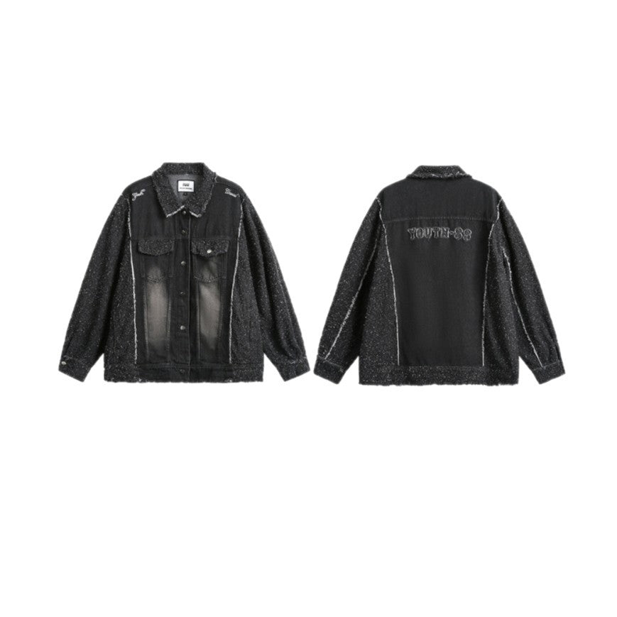 Unisex Oversized Denim Jacket with Mélange Boucle Sleeve and Frayed Edge Mune Fashion
