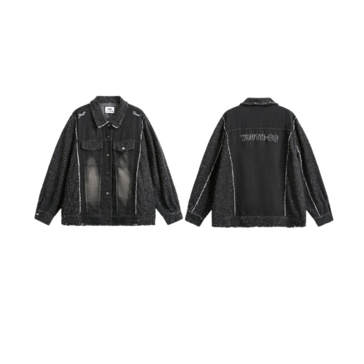 Unisex Oversized Denim Jacket with Mélange Boucle Sleeve and Frayed Edge Mune Fashion