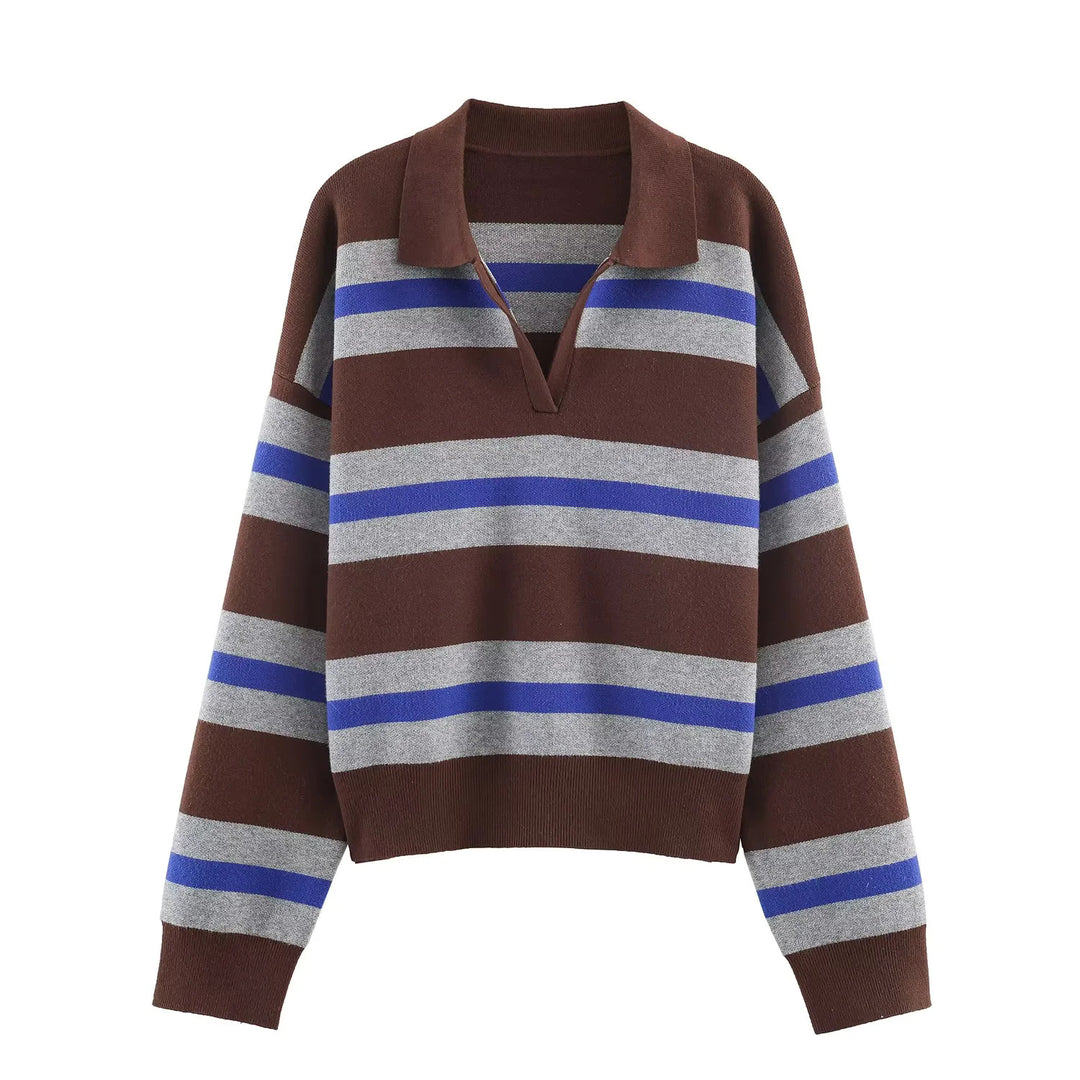 Women's oversized rugby pullover with polo collar, V-neck and wide stripes Mune Fashion