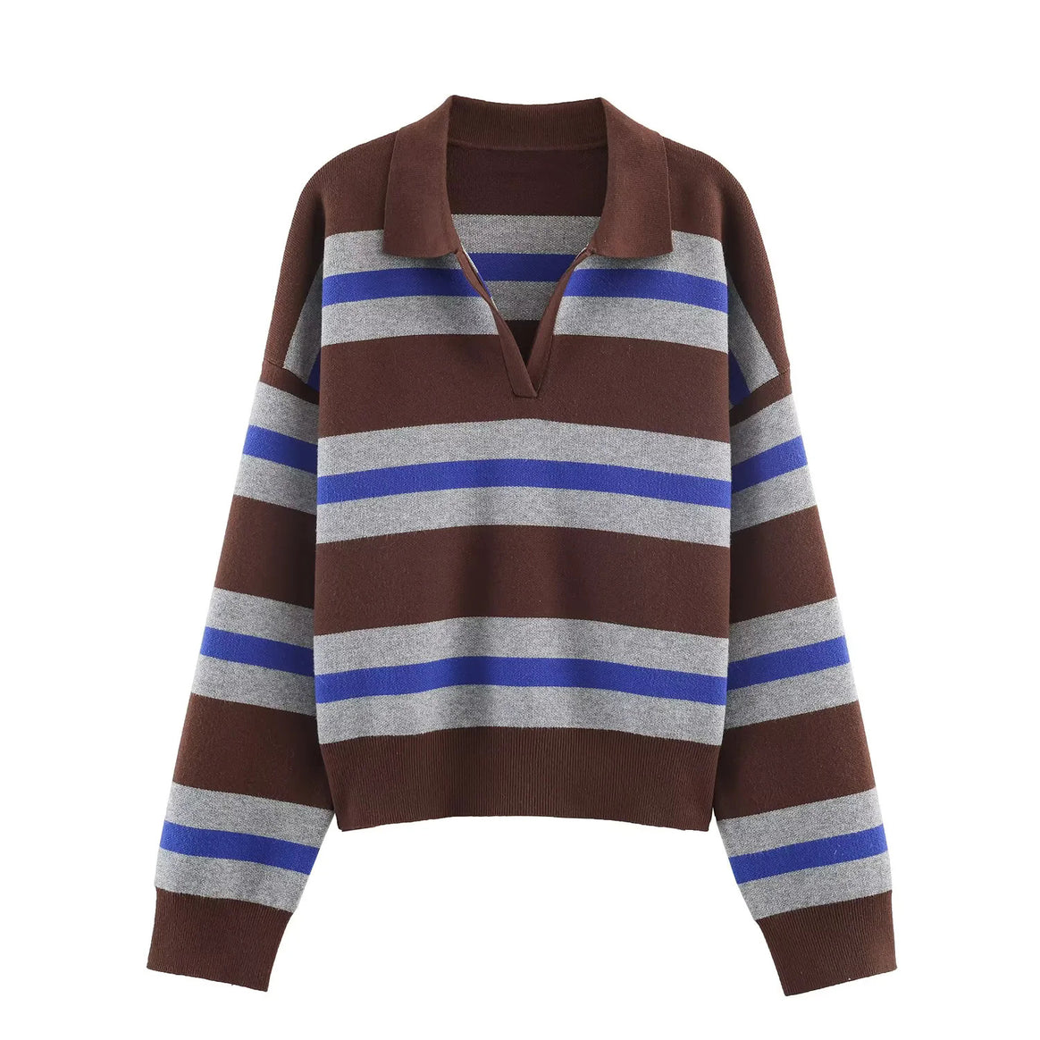 Women's oversized rugby pullover with polo collar, V-neck and wide stripes Mune Fashion
