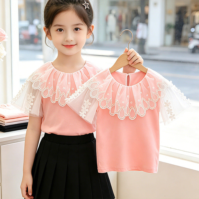 Girls T-Shirt with elegant tulle collar and floral detail Mune Fashion