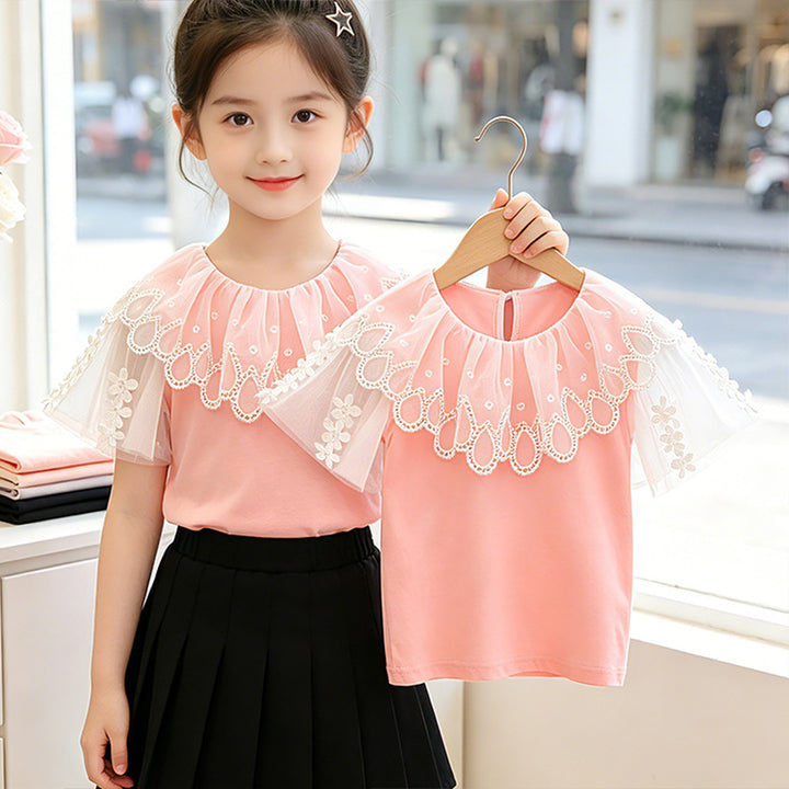 Girls T-Shirt with elegant tulle collar and floral detail Mune Fashion