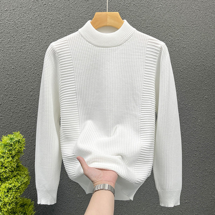 Women's fine knit pullover with structured waffle and ribbed texture and stand-up collar Mune Fashion
