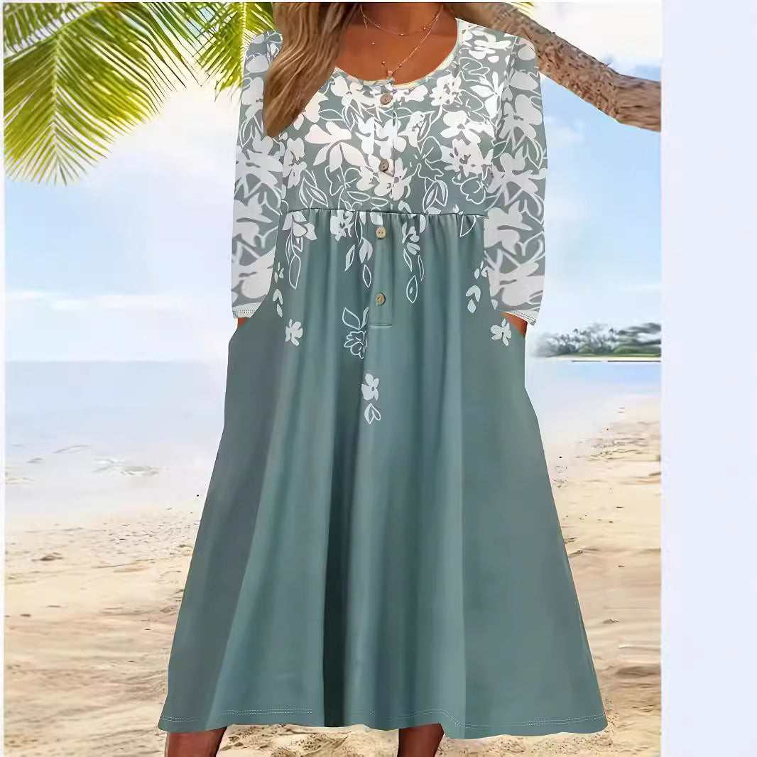 Ladies maxi dress with V-neck, floral print, button placket and side pockets Mune Fashion
