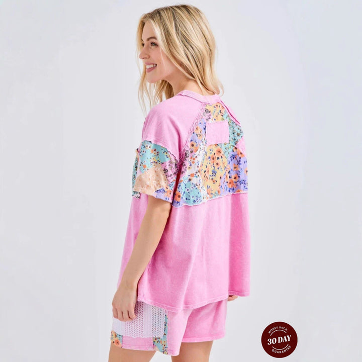 Women's short house suit set made of cotton jersey with floral patchwork look, chest pocket and drawstring Mune Fashion