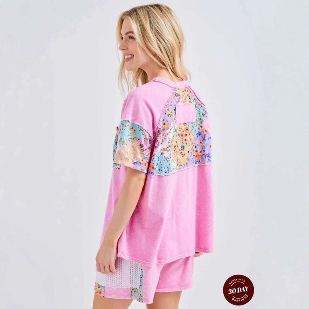 Ladies casual loungewear two-piece set with oversized shirt, drawstring shorts, patchwork bag, and crochet trim Mune Fashion