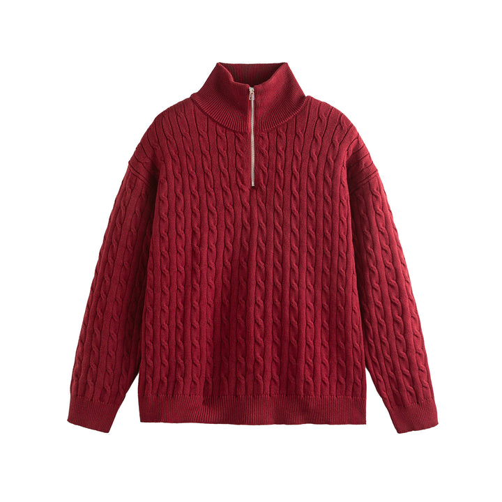 Unisex Thick Knit Cable Pattern Sweater with Half Zip and High Ribbed Collar Mune Fashion