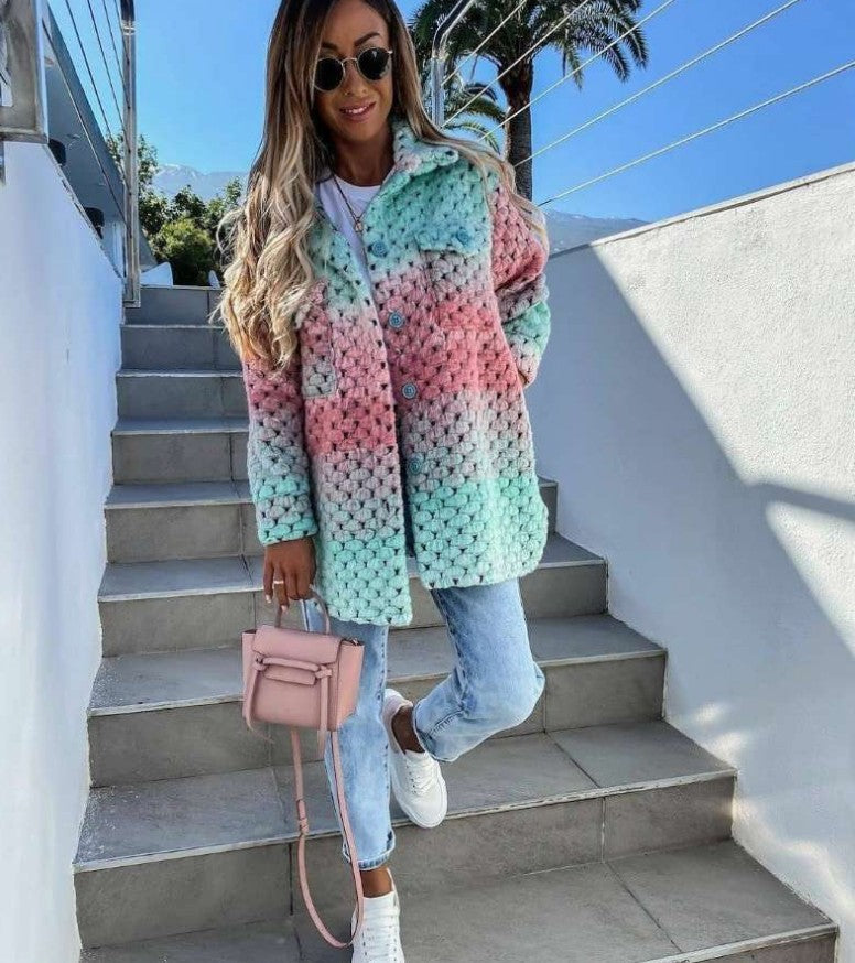 Women Crocheted Oversized Cardigan with Gradient, Button Placket and Patch Pockets Mune Fashion