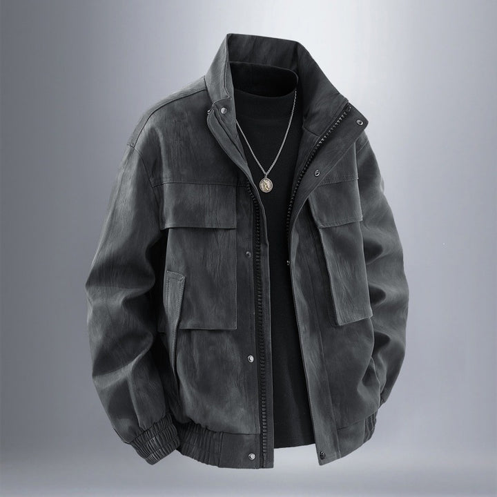 Men's utility Harrington jacket in leather look with multiple pockets and elastic hem Mune Fashion