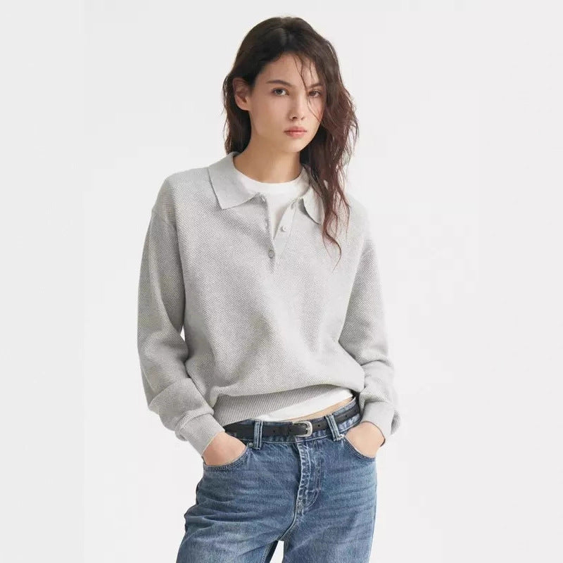 Women's fine-knit polo sweater with button placket and ribbed hem Drune