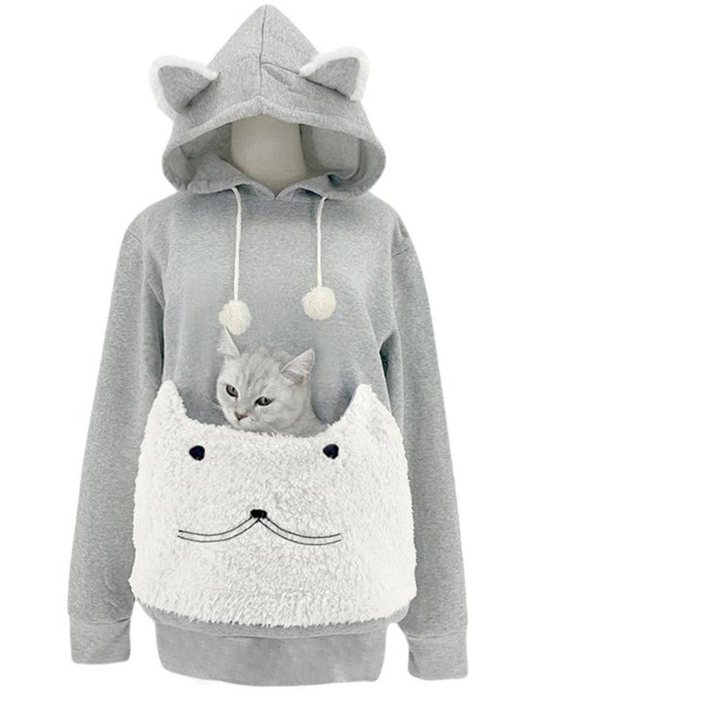 Ladies Cozy Hoodie with Cat Motif and Practical Kangaroo Pocket Mune