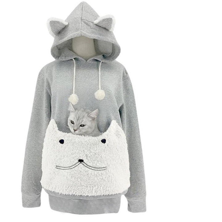 Ladies Cozy Hoodie with Cat Motif and Practical Kangaroo Pocket Mune