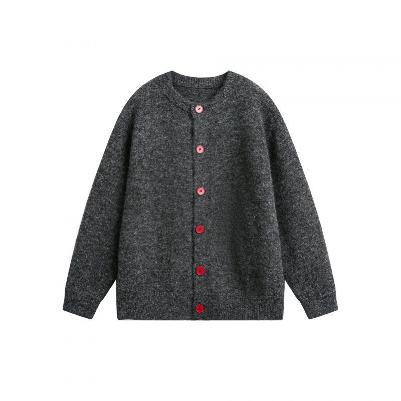 Women Buttoned Knitted Cardigan in Oversize Cut with Round Neck, Ribbed Cuffs and Contrast Buttons Mune Fashion