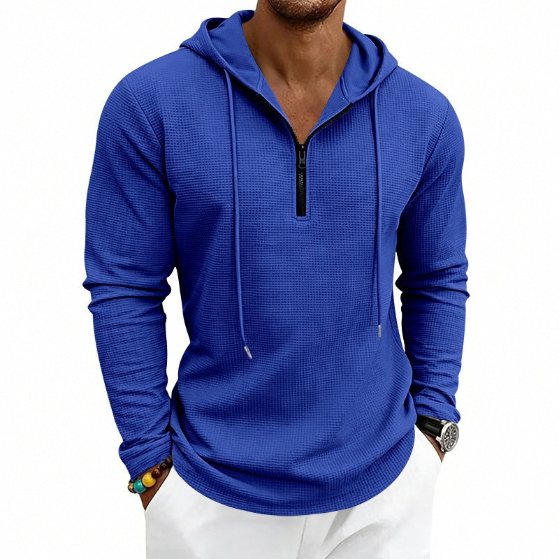 Men's Casual Waffle Fabric Hoodie with Half Zipper and Hood Mune Fashion