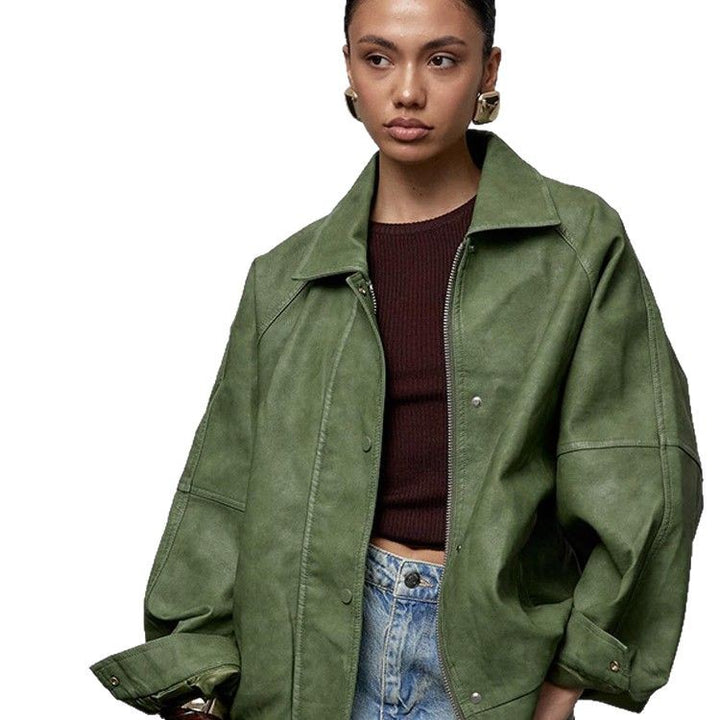 Women's Oversized Faux Leather Jacket in Boxy Cut with Raglan Sleeves and Two-Way Zipper Mune Fashion
