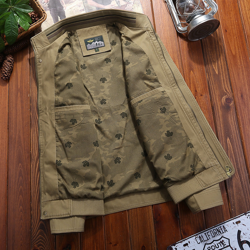 Men's canvas blouson with stand-up collar, camouflage lining and striped ribbed hem Mune Fashion