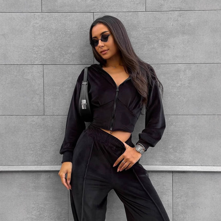 Women's short hooded cropped zip sweatshirt with tailored chest hem and wide velour lounge pants with elastic waistband Mune Fashion