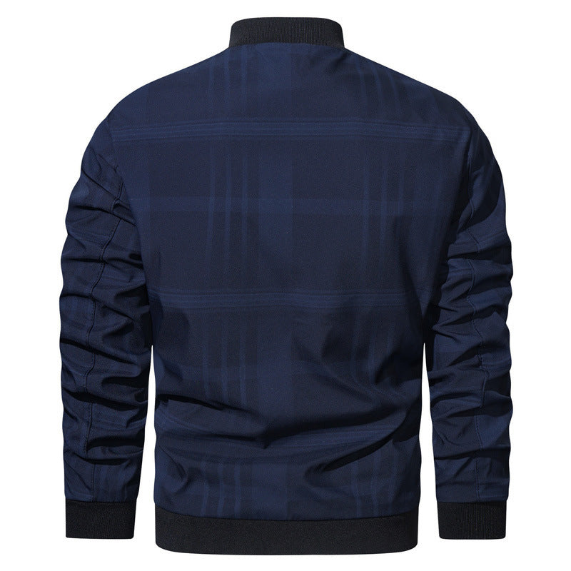 Men's lightweight bomber jacket in minimal check with stand collar, zipper, and elastic cuffs Mune Fashion