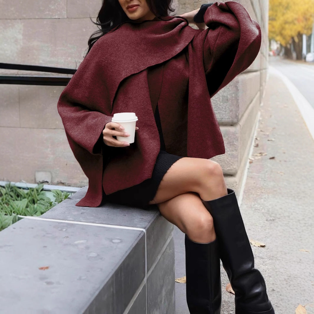 Women's Short Cape Jacket in Layered Look made of Wool Blend with Wide Batwing Sleeve Mune Fashion