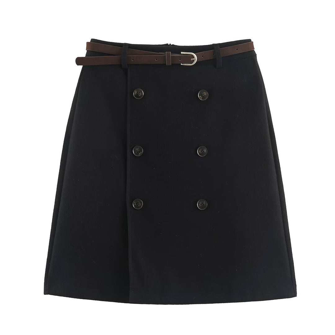 Women's midi skirt in A-line cut with double-breasted button placket and waist belt Mune Fashion