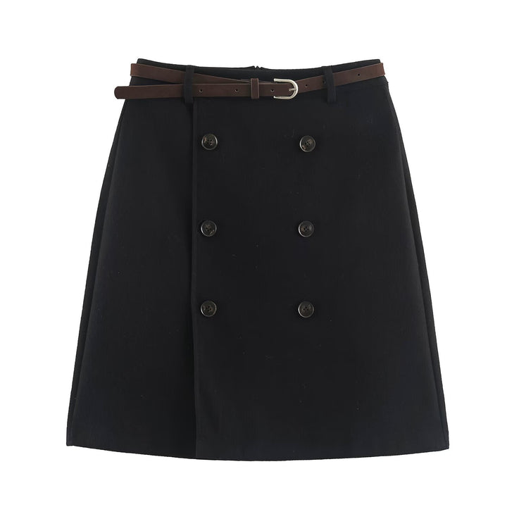 Women's midi skirt in A-line cut with double-breasted button placket and waist belt Mune Fashion