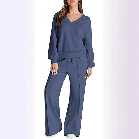 Women's Casual V-Neck Leisure Set with Wide Jogging Pants Mune Fashion