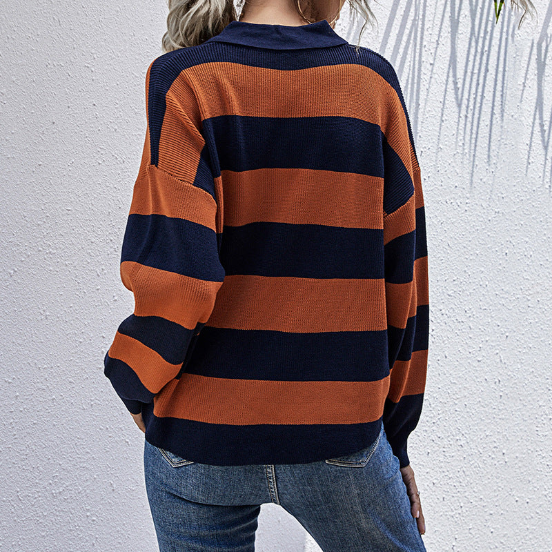 Women Elegant Sweater with Polo Collar and Stripes Mune Fashion