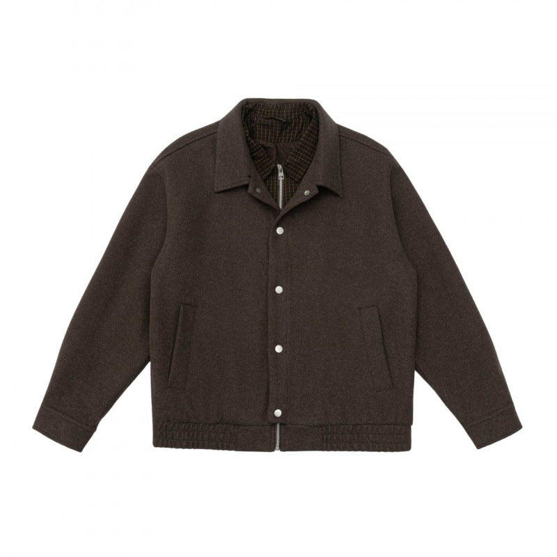 Men's short-cut wool blend field jacket with plaid inner lining and snap button placket Mune Fashion