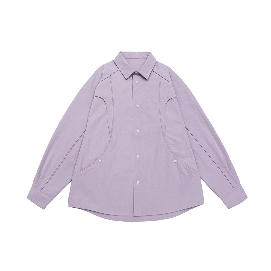 Women's Oversized Shirt Jacket with Curved Seam and Snap Button Placket Mune Fashion