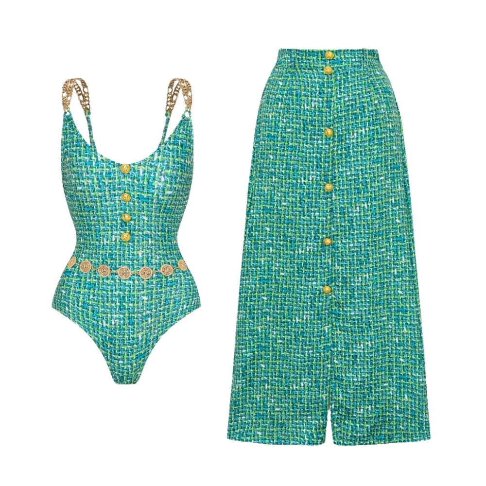 Women's one-piece swimsuit with elegant button and belt application Mune Fashion