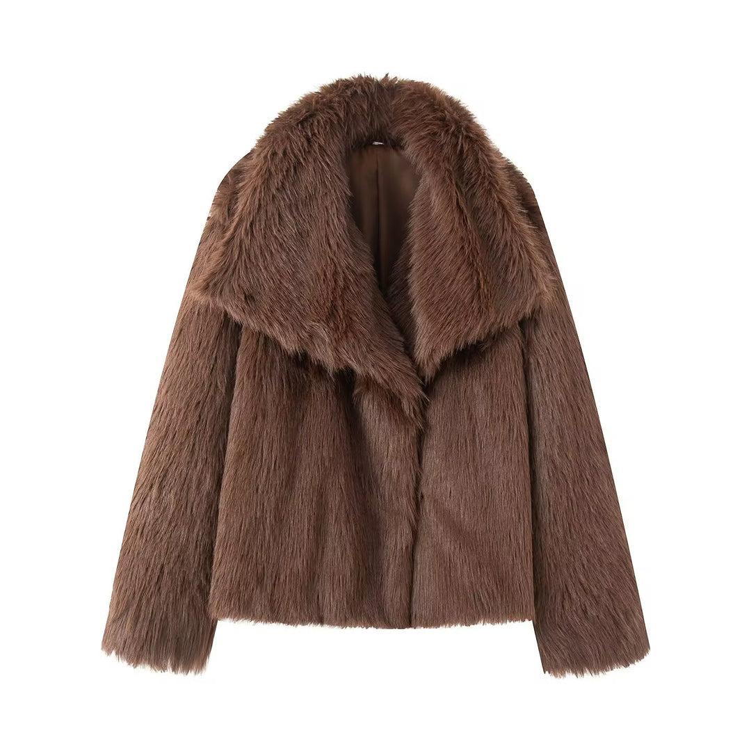 Women's Short Boxy Faux Fur Coat with Generous Shawl Collar and Soft Lining Mune Fashion