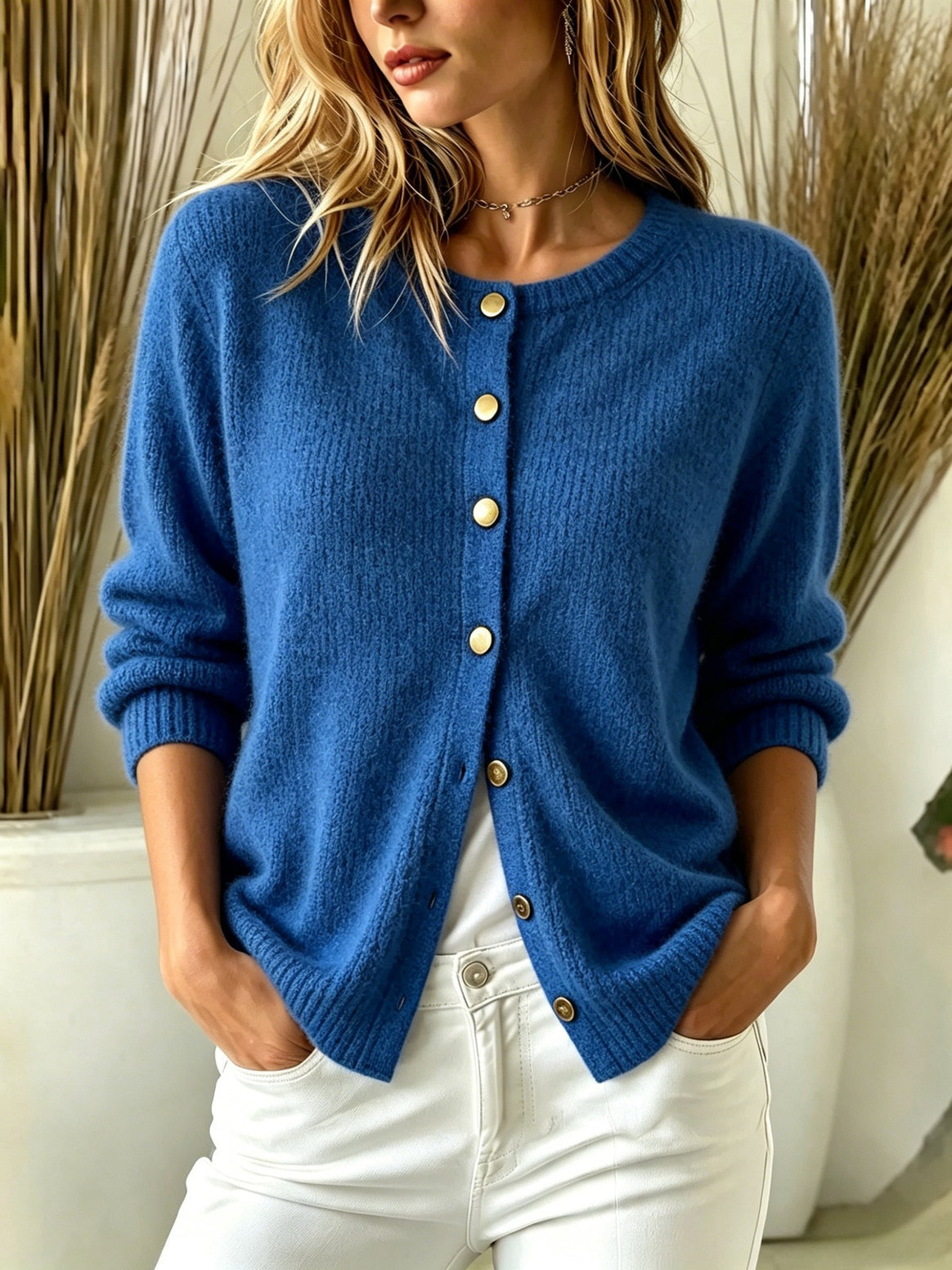 Women's Cozy Knit Cardigan with Round Neckline and Gold Decorative Buttons Mune Fashion