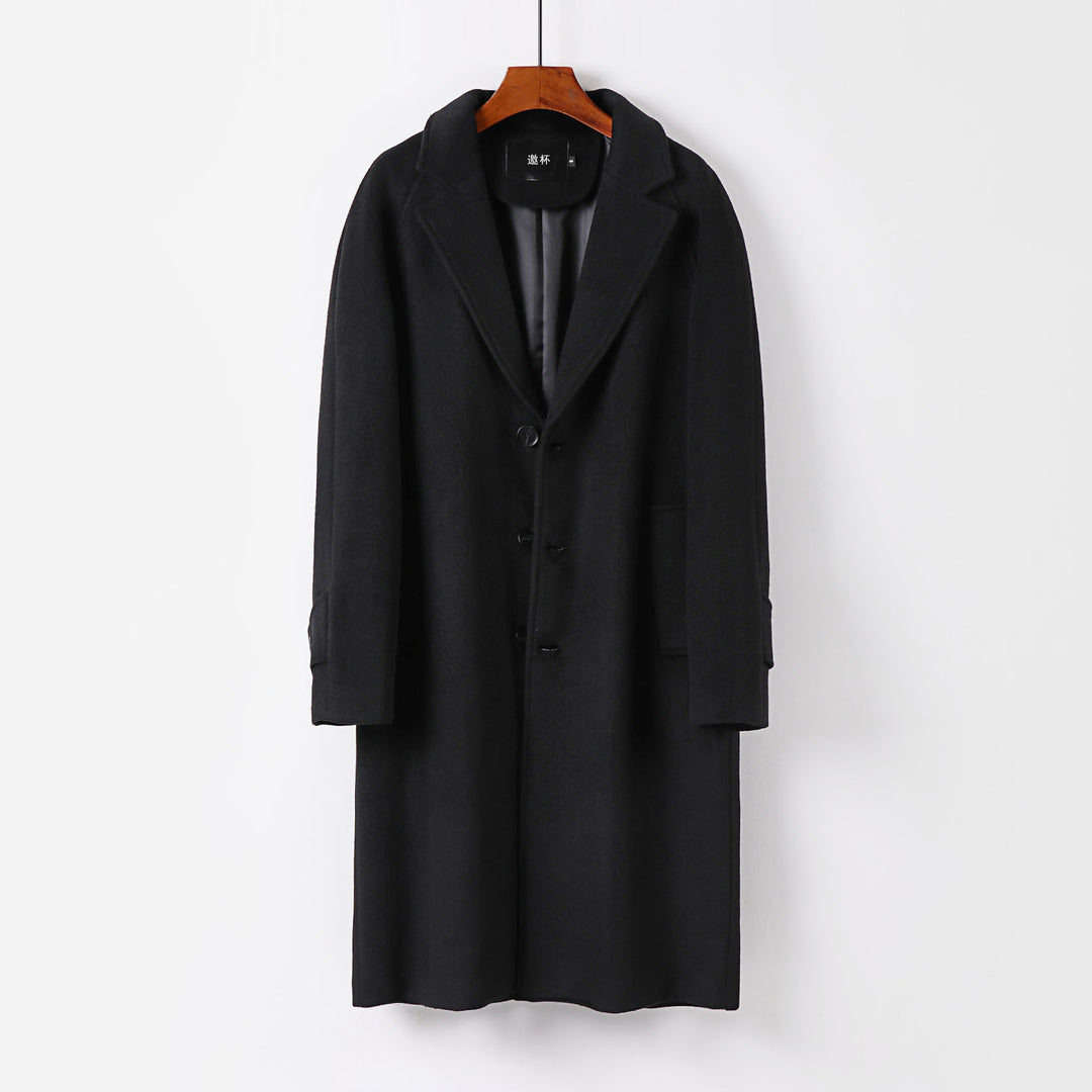 Men's Maxi Length Wool Coat with Clean Cut, Narrow Lapel and Concealed Lining Mune Fashion