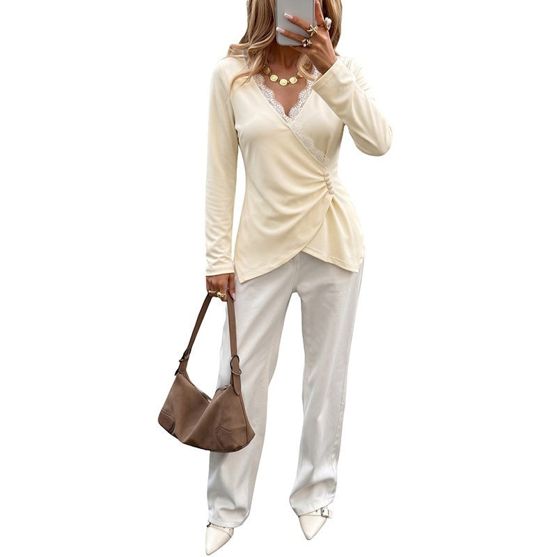 Women's wrap long sleeve with lace trim and side gathering Mune Fashion