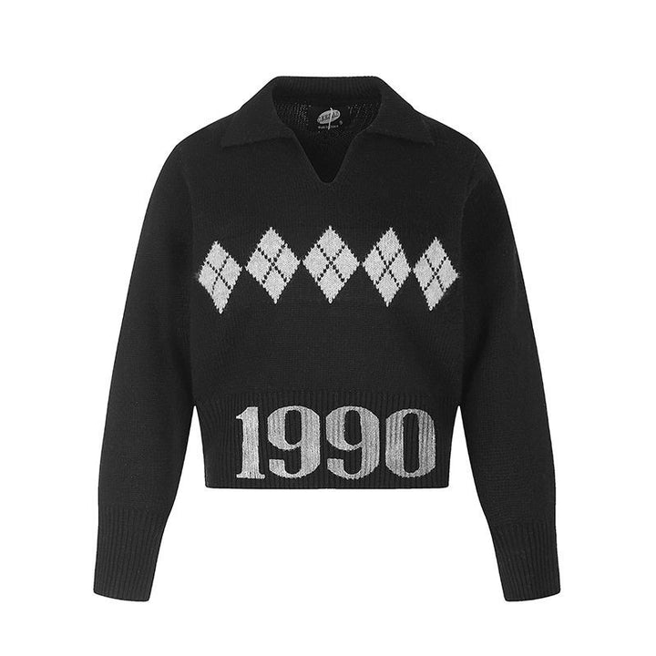 Women’s Cropped Knit Sweater with Polo Collar, Ribbed Hem and Argyle Pattern Mune Fashion